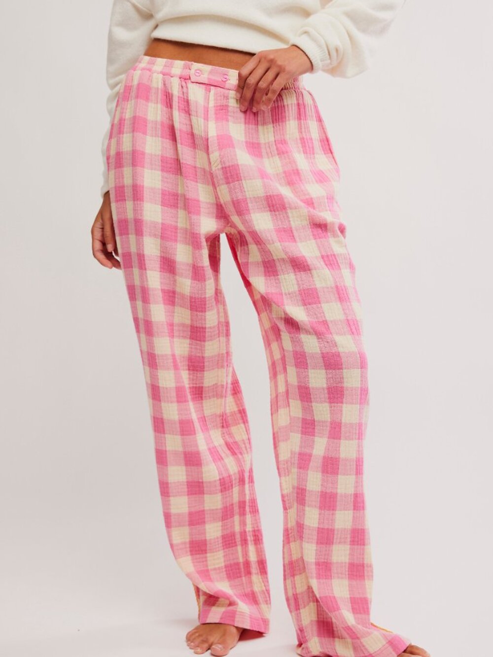 Free People Pink and Cream Plaid Wide Leg Pants